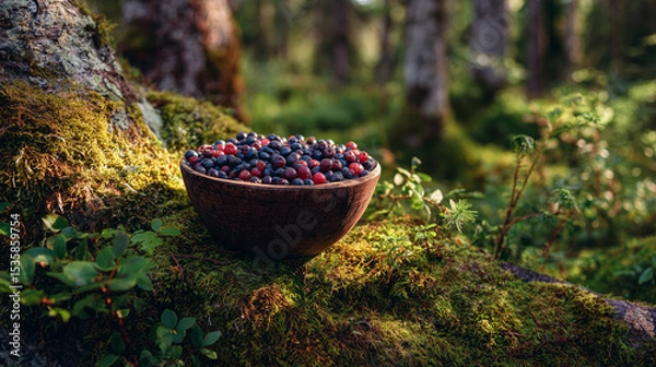 Obraz Freshly Picked Blueberries and Cranberries in a Bowl on Mossy Tree in Nordic