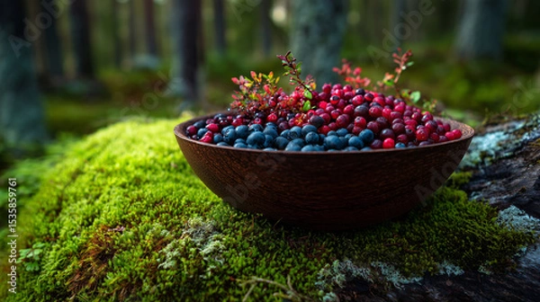 Obraz Freshly Picked Blueberries and Cranberries in a Bowl on Mossy Tree in Nordic