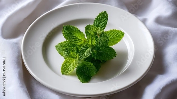 Obraz Fresh Mint Leaves on a White Plate