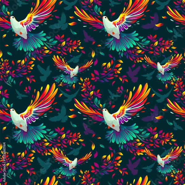 Obraz The colorful bird of peace, the dove Seamless pattern for fabric. hand drawing dark background. Not AI. Vector illustration