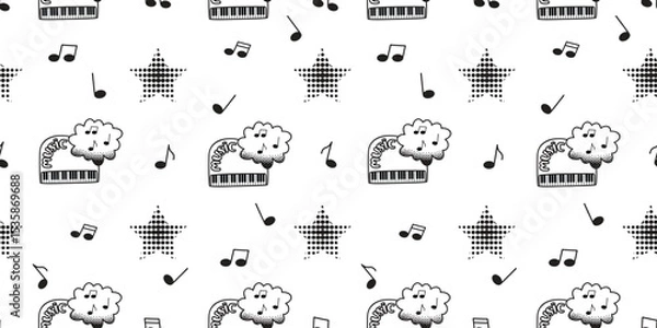 Fototapeta Music seamless pattern with graphic piano, footnotes, stars with textures, hand written and musical notes. Black and white print on fabric and paper. Vector design for textile, wallpaper, cover. 