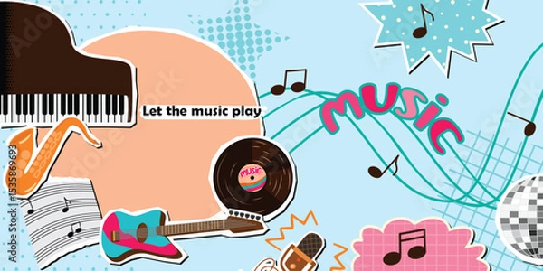 Fototapeta Music horizontal banner with vinyl record, piano, guitar, saxophone, microphone, footnotes, disco ball, notes. Pink, brown, orange colors on blue background with textures. Vector collage elements set.