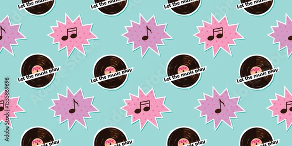 Fototapeta Let the music play seamless pattern with vinyl record and footnotes. Pink and brown colors on blue background. Vector design for printing on fabric and paper. Endless wallpaper, cover, textile.