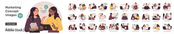 Obraz Collection of 30 editable flat outline illustrations for marketing concepts like teamwork, content creation, business planning, and communication.