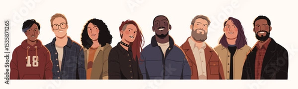 Obraz Flat illustration of a diverse group of young adults in modern clothing, representing unity, inclusivity, and individuality across cultures and styles.