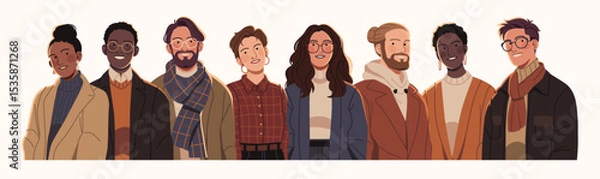 Obraz Flat illustration of a diverse group of young adults in modern clothing, representing unity, inclusivity, and individuality across cultures and styles.