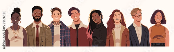 Obraz Flat illustration of a diverse group of young adults in modern clothing, representing unity, inclusivity, and individuality across cultures and styles.