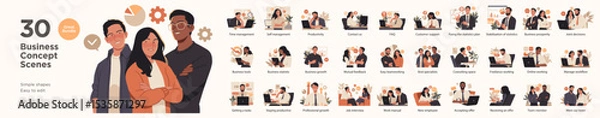 Fototapeta A bundle of 30 editable flat illustrations showing key business scenes, including productivity, teamwork, communication, hiring, and remote work concepts.