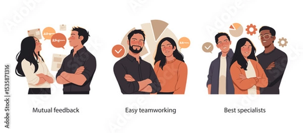 Obraz Illustration set showing mutual feedback, effective teamwork, and a group of top professionals collaborating in a business environment.