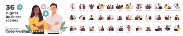 Obraz Collection of 36 editable vector illustrations depicting modern business scenes, teamwork, development, and digital tools for companies.
