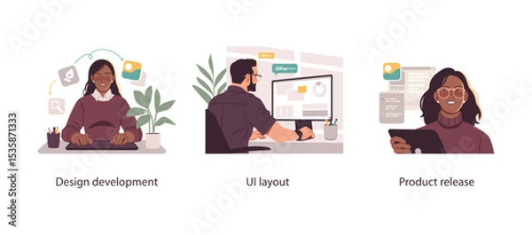 Obraz Vector illustration showing user interface design, digital product development, and final release phase in a tech or creative workflow.