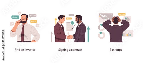 Obraz Vector illustration showing business stages: finding an investor, signing a contract, and facing financial crisis or bankruptcy with analytics.