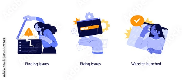 Fototapeta Flat illustrations showing the process of identifying coding errors, fixing software bugs, and launching a completed website project.