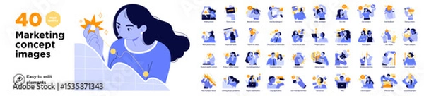 Fototapeta Colorful flat illustrations covering digital marketing themes like product launch, customer support, growth strategy, teamwork, and UX design.