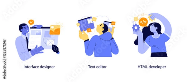 Obraz Flat vector illustrations depicting an interface designer, a text editor in use, and an HTML developer with gears and code icons.