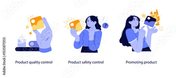 Obraz Flat illustrations showing product quality assurance, safety evaluation, and promotional efforts in modern business and branding workflows.