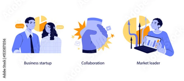 Obraz Flat vector illustrations of business partnership, startup teamwork, and achieving market leadership through data analysis and collaboration.