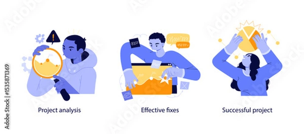 Fototapeta Vector illustrations showing the process of analyzing project data, applying effective fixes, and celebrating project success with charts.