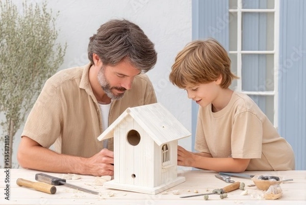 Fototapeta Father and Child Working Together on Building a Wooden Birdhouse in a Sunny Backyard During a Weekend Afternoon