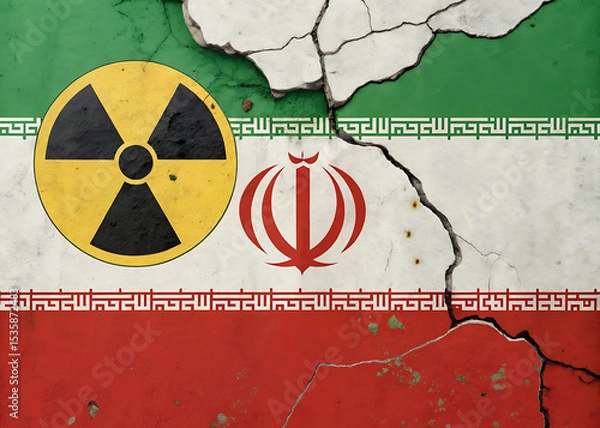 Fototapeta Iran nuclear program concept with cracked wall and flag of iran and radiation symbol for news and media use