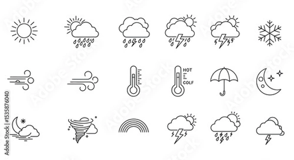 Obraz Weather Icons Line Art Set of Sun, Rain, Wind, Snow, and Temperature Illustrations
