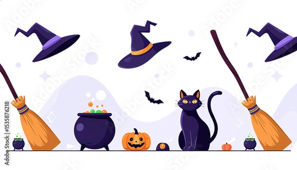 Obraz Horizontal Halloween Banner: Witches, Pumpkins and Black Cats