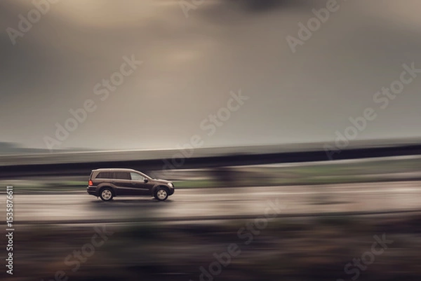 Obraz Brown SUV driving down the street in rainy weather. Speed blurred background, side view