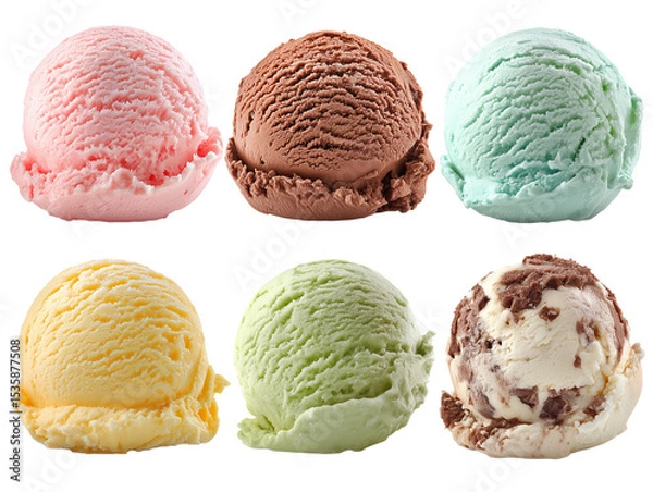Fototapeta six ice cream scoops different flavors on transparent background