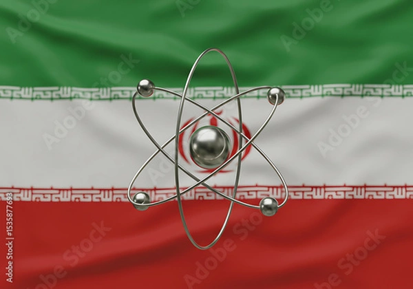 Fototapeta Iranian nuclear program concept with atom model on iran flag background for news and political analysis