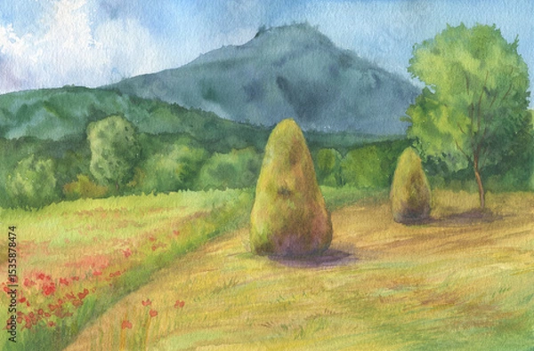 Fototapeta Panoramic view, summer landscape - haystacks among yellow wheat fields and high mountains on the horizon. Hand painted with watercolors