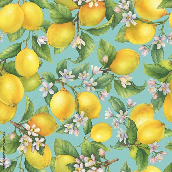 Fototapeta Seamless pattern, wallpaper with fresh citrus yellow lemons fruit. Lemon tree branch with green leaves and flower. Watercolor hand-drawn illustration on blue background