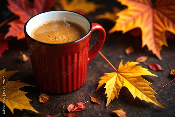 Obraz A red mug with a ribbed design and black rim, filled with steaming coffee, sits on a dark surface surrounded by vibrant autumn leaves.