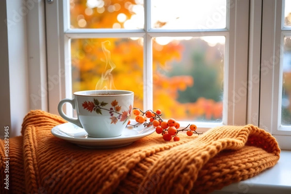 Obraz A steaming cup of coffee on a saucer with a spoon, adorned with autumn leaves, sits on an orange knitted blanket by a white window with a blurred autumnal background.