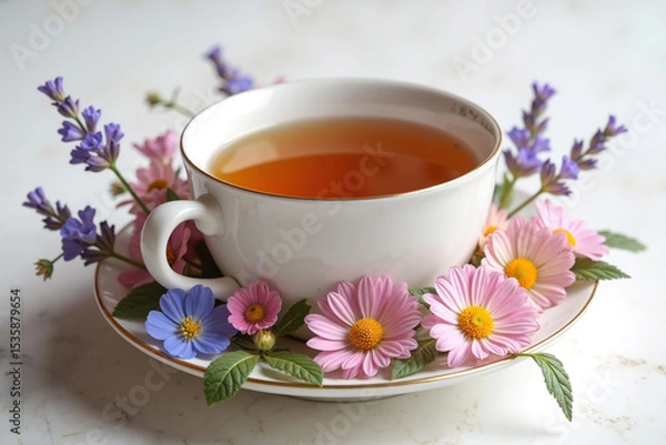 Obraz A white tea cup filled with tea, surrounded by pink and purple flowers on a saucer.