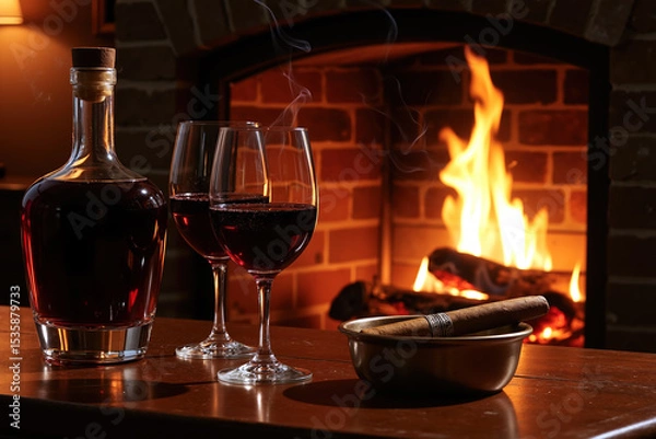 Obraz A bottle of liquor and two wine glasses on a wooden table, with a lit fireplace in the background and an ashtray containing a cigar.