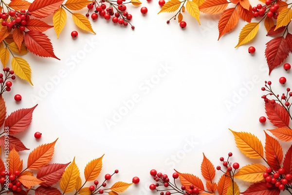 Obraz A frame of colorful autumn leaves and red berries on a white background, creating a vibrant and seasonal border with space in the center.