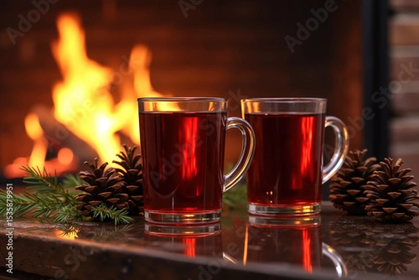 Obraz Two clear mugs filled with a dark red liquid, surrounded by pinecones and evergreen branches, sitting on a wooden surface in front of a lit fireplace.