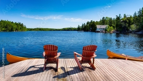 Fototapeta two adirondack chairs sit on a wooden dock overlooking a blue muskoka lake nearby cabins line the shore a canoe is tied up and paddles rest inside capturing the essence of summer