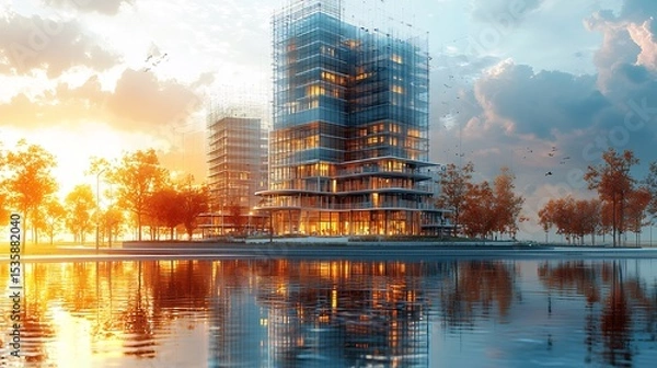 Fototapeta Ai Concept Image of a Futuristic Highrise Undergoing Virtual Inspection By Computer System Focusing Measurement Data and Premium Sustainable Construction
