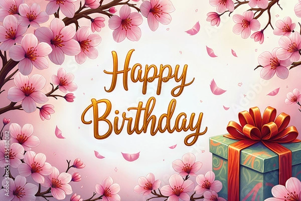 Obraz A festive birthday greeting with pink flowers and a beautifully wrapped present.