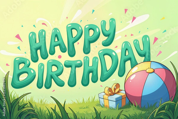 Obraz A vibrant birthday card with Happy Birthday text, a beach ball, and a gift by the grass.