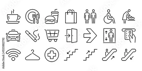 Obraz Toilet, food court, elevator, exit door and public navigation concept editable stroke outline icons set isolated on white background flat vector illustration.