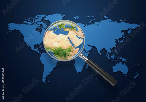 Fototapeta World map with magnifying glass focusing on middle east geography research and global exploration concept