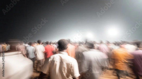 Fototapeta chaotic scene at night where migrants are hurriedly leaving their apartments in panic illuminated by ultrabright