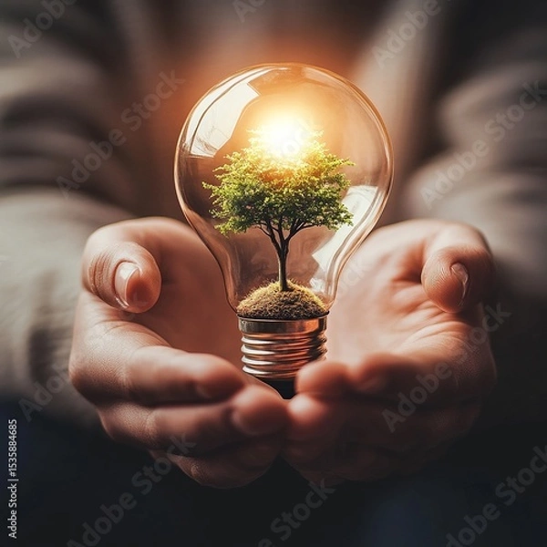 Fototapeta A person holding a glowing light bulb with a small tree growing inside, symbolizing hope, growth, and sustainability, minimalistic style
