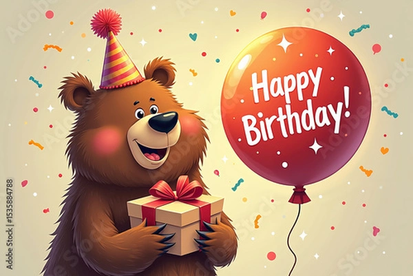 Obraz A cartoon bear in a party hat holds a gift box and a red balloon with Happy Birthday written on it, amidst colorful confetti.