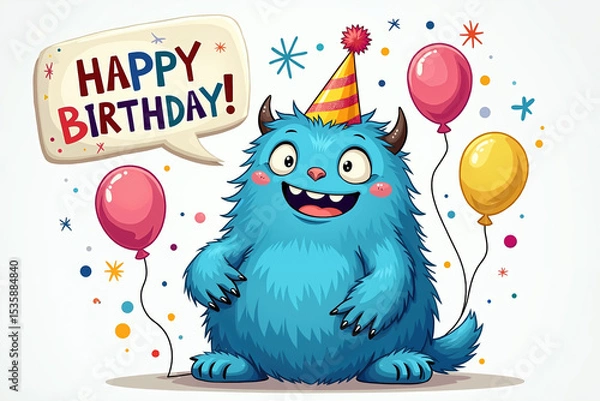 Obraz A blue furry monster with horns and a party hat stands amidst colorful balloons and confetti, beaming with joy, surrounded by a Happy Birthday message in a speech bubble.
