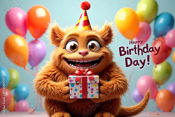 Obraz A cartoon creature with orange fur, big eyes, and a party hat holds a wrapped gift, surrounded by colorful balloons and Happy Birthday text, on a light blue background, evoking a festive atmosphere.