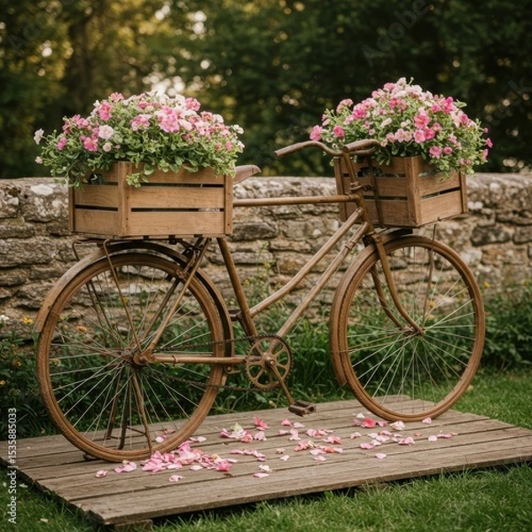 Fototapeta Rustic vintage bicycle adorned with pink flowers in wooden boxes
