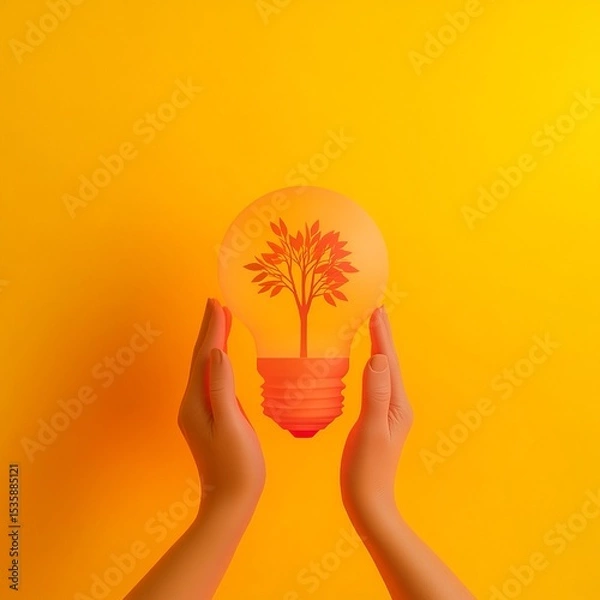 Fototapeta A person holding a glowing light bulb with a small tree growing inside, symbolizing hope, growth, and sustainability, minimalistic style